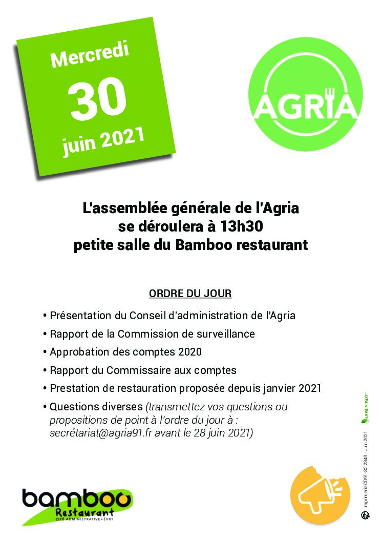 Assemblée générale de l'Agria LE 30 JUIN 2021
