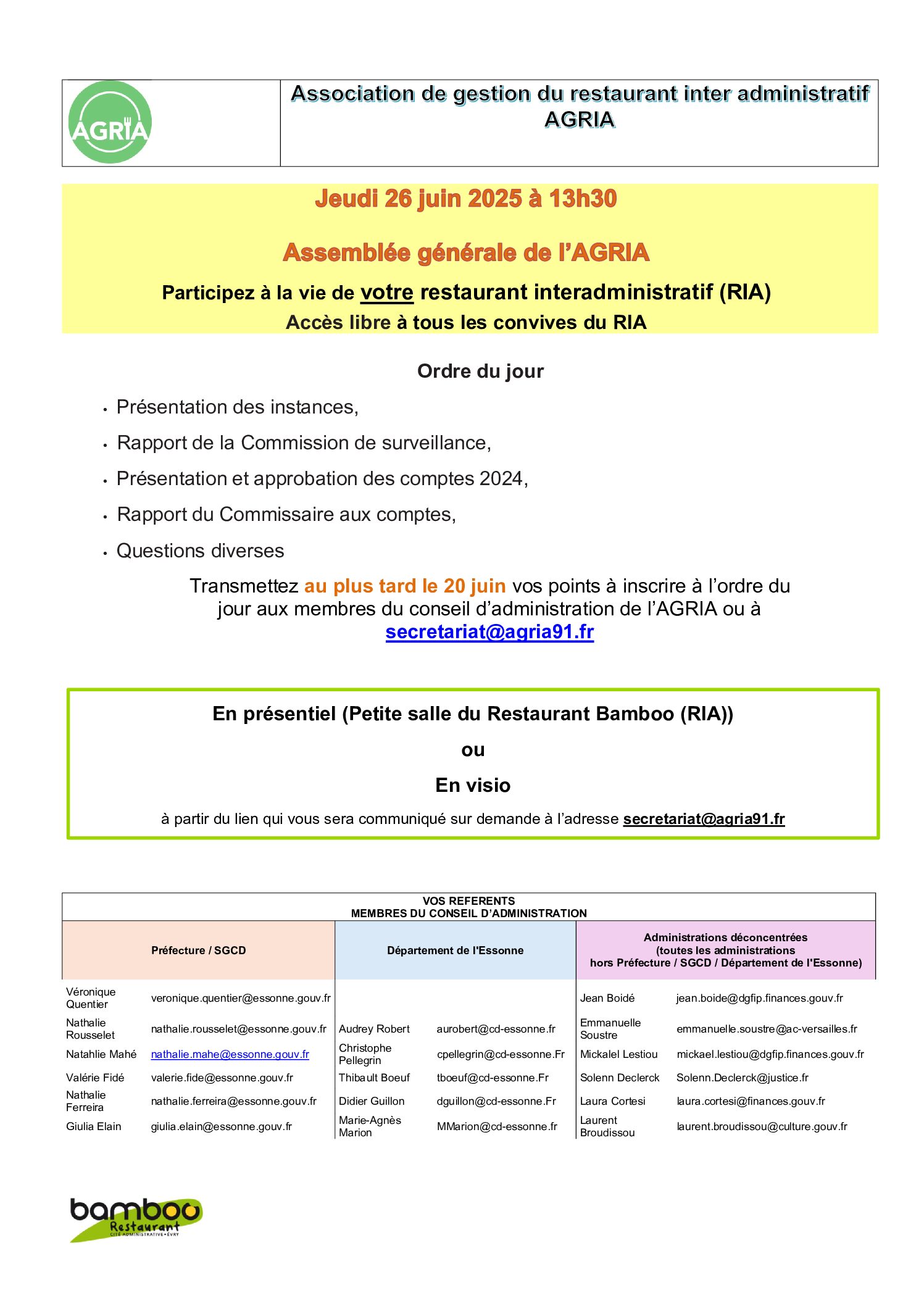 JEUDI 26/06/25 à 13h30 AGRIA ASSEMBLEE GENERALE